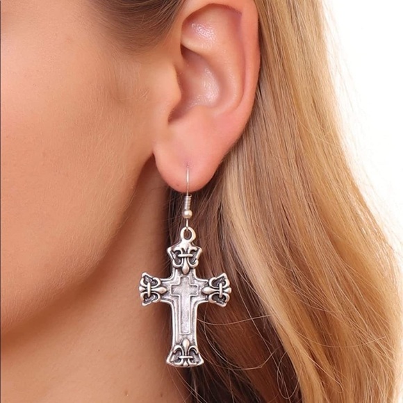 Brand New Hypoallergenic Silver Plated Nickel-Free Ancient Cross Dangle Earrings - Picture 5 of 8